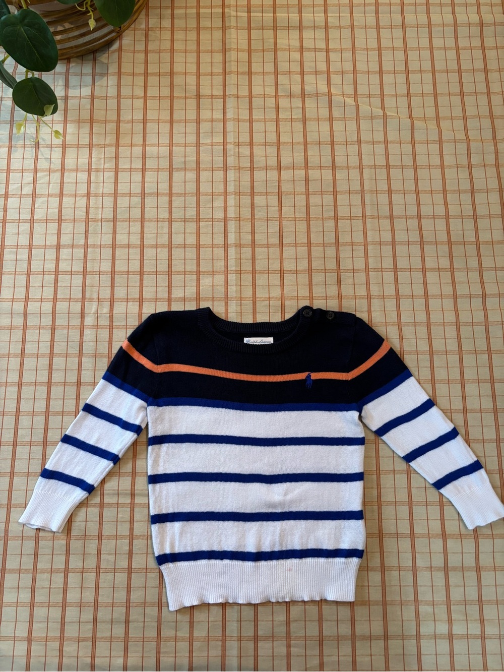 Ralph Lauren Navy, White & Orange Striped Kids Sweater